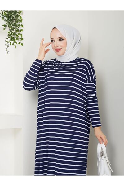 MODAMÜNASİP Φορέστε το υπέροχο μας χτενισμένο βαμβακερό ριγέ φόρεμα που δεν αναγνωρίζει τη γραμμή της μέσης