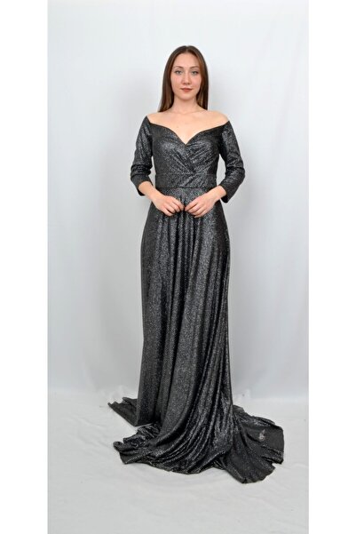 ALİS DRESS Kadın  Yarım Kollu Siyahlı Gümüşlü Abiye