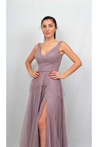 ALİS DRESS Kadın Kare Desenli Yırtmaçlı Tül Abiye