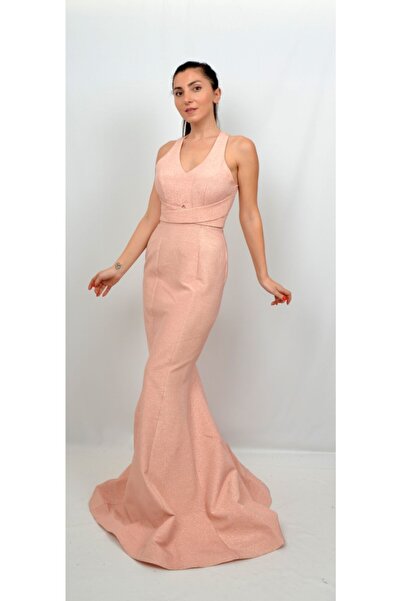 ALİS DRESS Kadın Somon Sırt Detaylı Simli Abiye