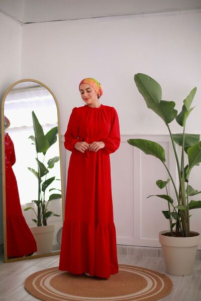 Selma Butik Kırmızı uzun tesettür elbise