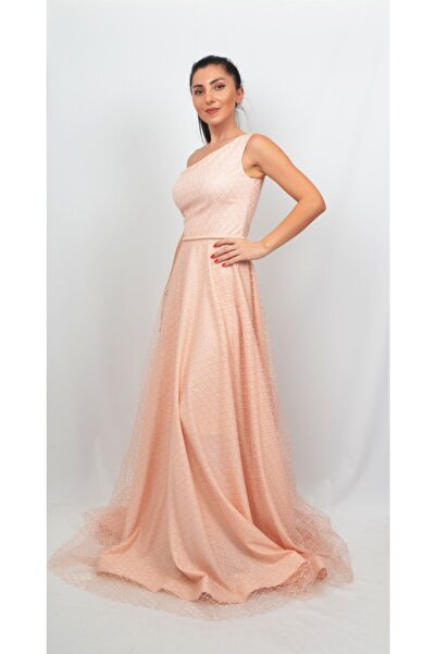 ALİS DRESS Kadın Somon Rengi Tek Omuzlu Kare Desenli Tül Abiye