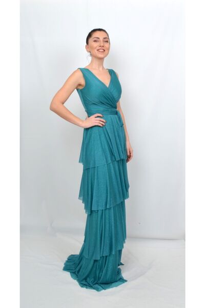ALİS DRESS Kadın Kat Kat Simli Abiye Elbise