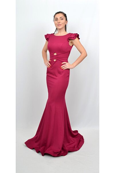 ALİS DRESS Kadın Fuşya Omzu Volanlı Sırt Detaylı Abiye