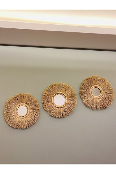 Genel Markalar Bohem Rafya Ayna Seti Dekoratif Üçlü Ayna Duvar Süsü Boncuk Detaylı