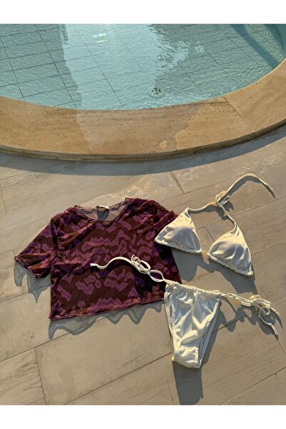 elifbilginbutik طقم بيكيني ساتان أبيض منقوش باللون البني - طقم مكون من 3 قطع ...