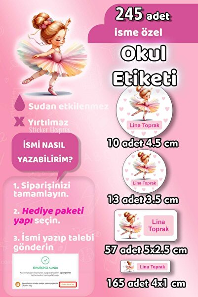 Sticker Ekspres Okul Etiketi Balerin Kalem Defter Etiketi Özel İsim Yazılabil...