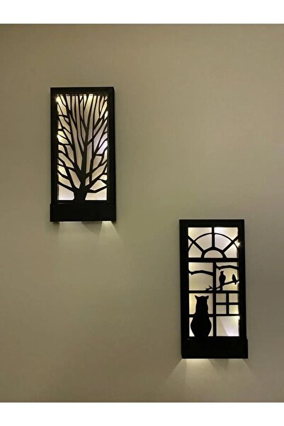 ViraHome 2'li Piller Hariç Peri Ledli Duvar Süsü Masif Ahşap 18x36 Tablo Gece...