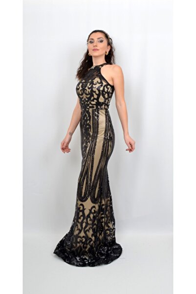ALİS DRESS Kadın Siyah Pul Işlemeli Ten Rengi Astarlı Abiye