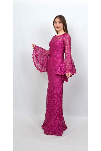 ALİS DRESS فستان سهرة نسائي من الدانتيل اللامع بأكمام مرفوعة باللون الوردي