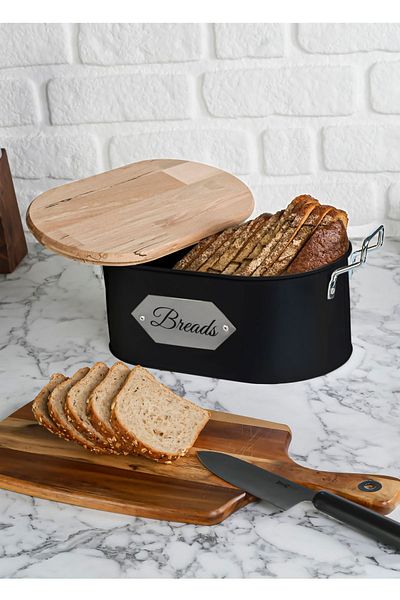 Doğa Dizayn Black Metal Plate Wooden Cut Bread Box - Wooden Basket