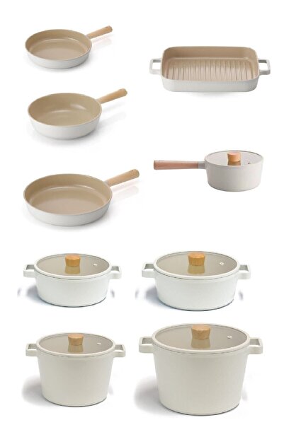 NEOFLAM Fika Alüminyum Döküm 14 Parça Bej Cam Kapaklı Tencere Tava Seti