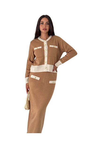 WOMAN VISION Kötöttáru női kétrészes szett - rövid kardigán 4 zsebbel és gombos szoknyával