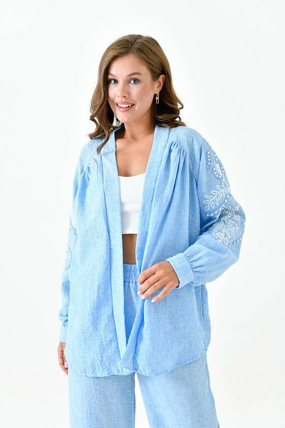 lovebox High Waist and Embroidery Sequin Detailed Long Sleeve Shirt and Wide Leg Pants Set with Pockets - 218