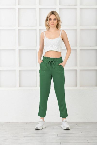 diaves Women's Summer Belmando Fabric Green Linen Trousers with Elastic Waist and Belt Detail