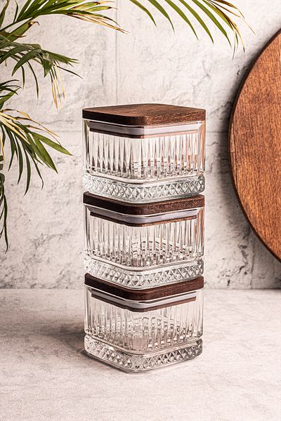 Snippy Bella Square 3-Piece Wooden Vacuumed Glass Breakfast Multi-Purpose Glass Snack Bowl with Square Lid 230 ml