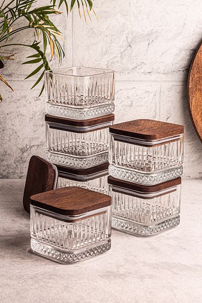 Snippy Bella Square 6-Piece Wooden Vacuumed Glass Breakfast Multi-Purpose Glass Snack Bowl with Square Lid 230 ml