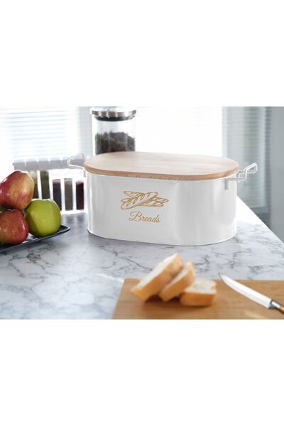 Doğa Dizayn White Metal Bread Bowl - With Wooden Cutting Board