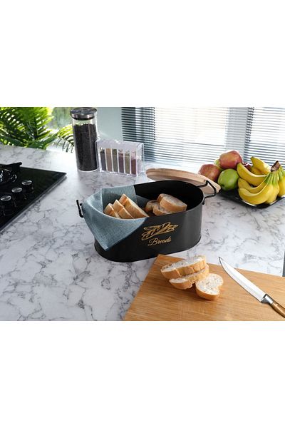 Doğa Dizayn Black Metal Bread Bowl - With Wooden Cutting Board