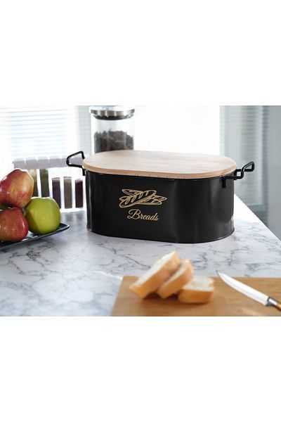 Doğa Dizayn Black Metal Bread Bowl - With Wooden Cutting Board