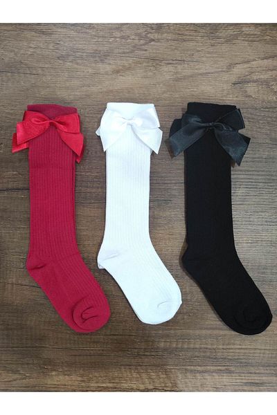Leement socks Памучни чорапи за момиче с панделка - 3 чифта с аксесоари