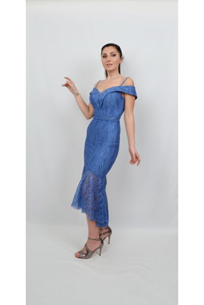 ALİS DRESS Kadın Lacivert Yaka Detaylı Dantel Elbise