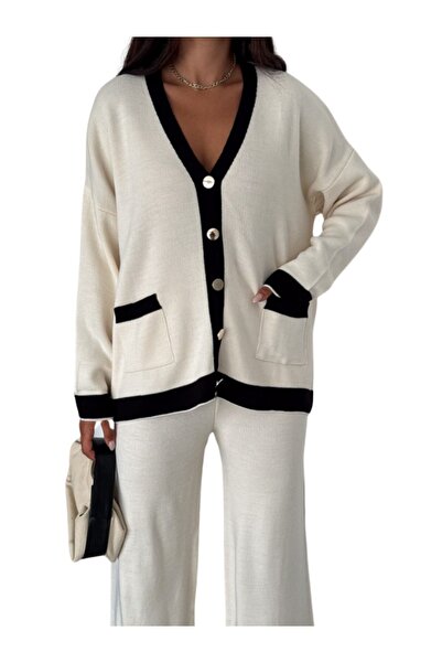 WOMAN VISION Kötött női kétrészes szett - fém gombos kardigán és bő nadrág LAP-002