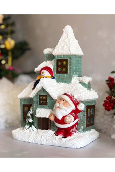 Noel Baba ve Kardan Adamlı Mint Yeşili Karlı Ev 28 cm