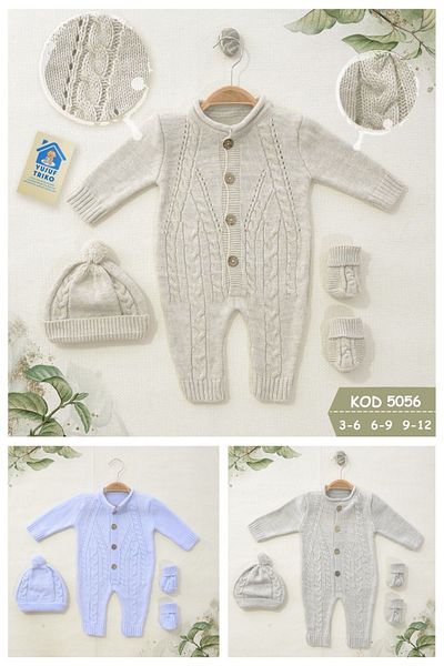timpy kids Beige Colored 3-Piece Baby Knitwear Overalls Set with Hat and Booties