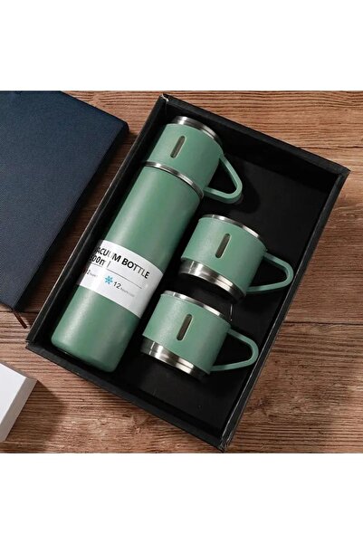Genel Markalar Üç Bardaklı Vacuum Flask Set Özel Kutulu Paslanmaz Çelik Termos Seti 500 ml