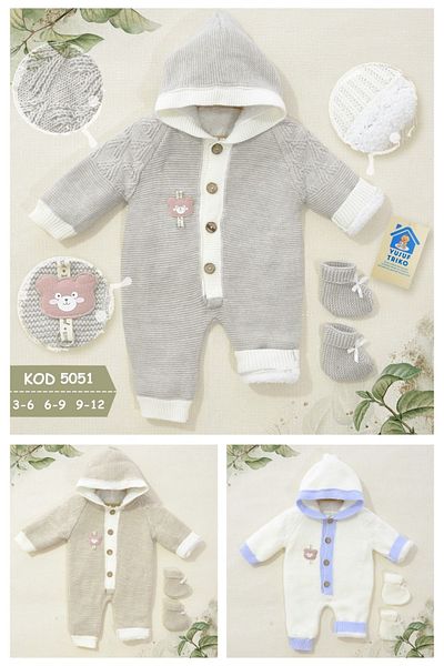 timpy kids Beige Baby Knitwear Jumpsuit Set - Set of 2, with Teddy Bear and Lining