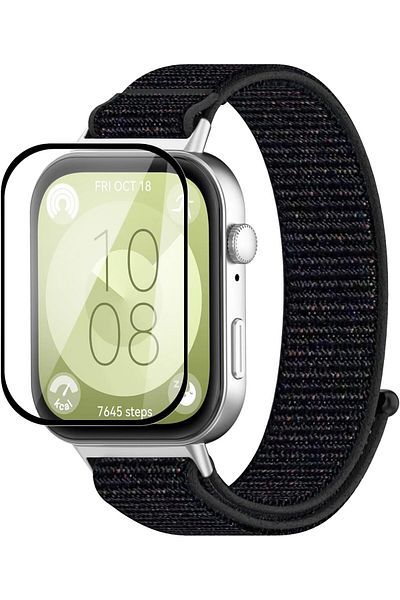 Fibaks Huawei Watch Fit 3 - واقي شاشة لساعة الحيوانات الأليفة باللون الأسود المغطى بالكامل