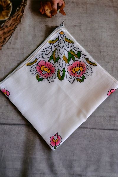 leillART White Floral Patterned Women's Hair Bandana - Handmade