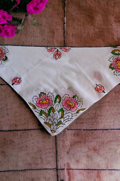 leillART White Floral Patterned Women's Hair Bandana - Handmade