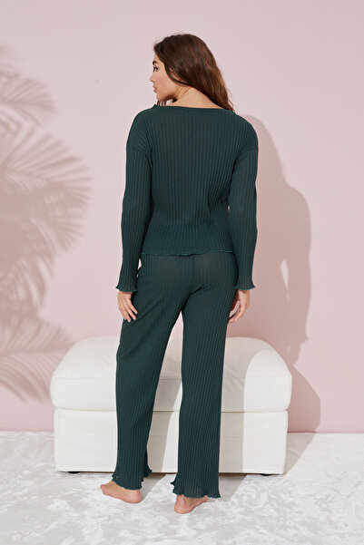 Siyah İnci Сезонний комплект піжам з тонкої бавовни з вишивкою хакі