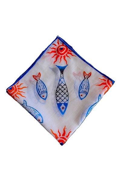 leillART White Fish Patterned Cotton Women's Hair Bandana - Handmade