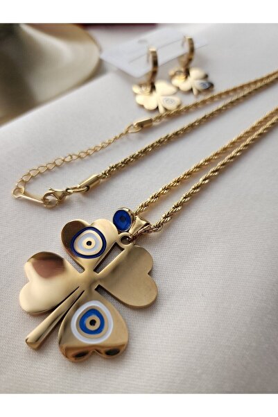 ZÜLİSCH YONCA KOLYE KÜPE SET NAZAR BONCUK DETAYLI ÇELİK GOLD