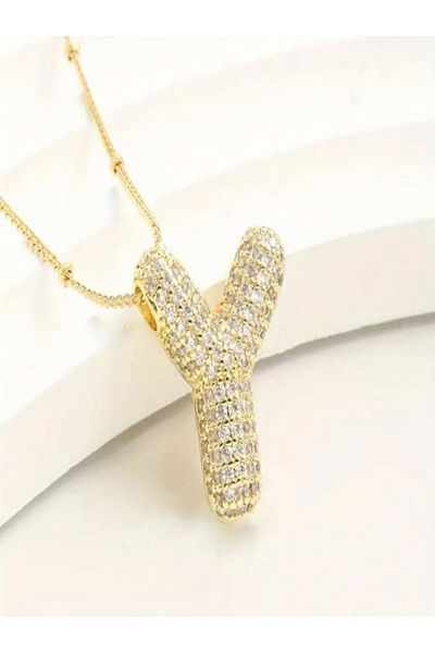 H&S AKSESUAR Gold Stone Steel Women's Necklace - Balloon Letter High Waist