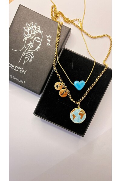 i&s design Dünya Kolye ( 2 Harf ) Çelik 2 'li Set MAVİ