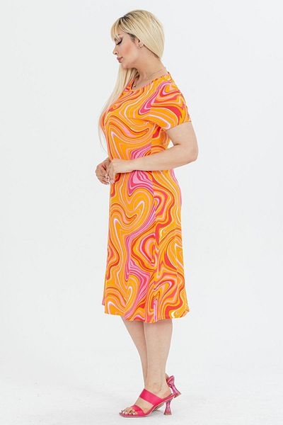 Madwilo Women's Orange Pink Wave Pattern Basic Midi Dress
