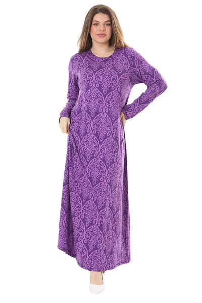 Hazinedan Purple Floral Patterned Plus Size Hijab Dress