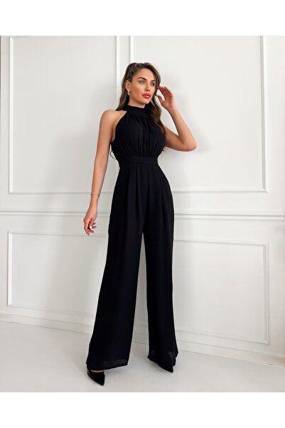 ESRAHELVACI Black Halter Neck Long Jumpsuit