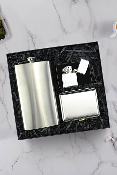 Trendmiya Çelik Cep Matarası & Metal Gümüş Renk Tabaka & Zippo Tarzı Çakmak H...