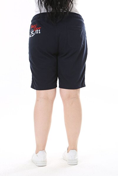 Şans Navy Blue Large Size Shorts - Elastic Waist, Lace-up Print and Pocket Detail 65N38129