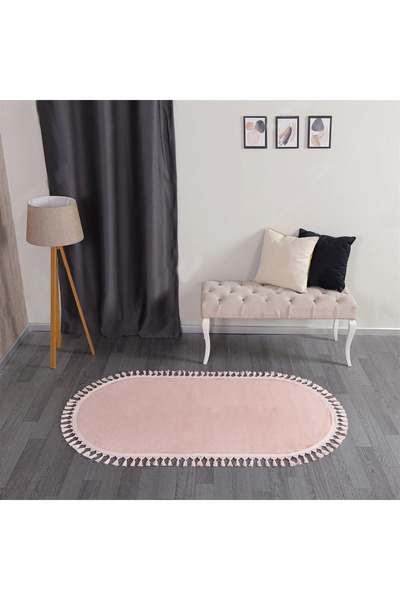 LİNOS HOME Puffy  Pembe Oval Saçaklı Peluş Yolluk Yumuşacık Yıkanabilir Kayma...