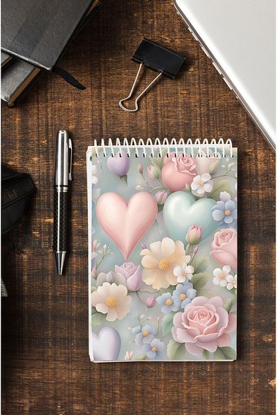 kutuTR 80 Sheets Striped Heart and Rose Patterned Vip Memo Pad - 70gr/m2 Ç-OB05 with Wooden MDF Cover
