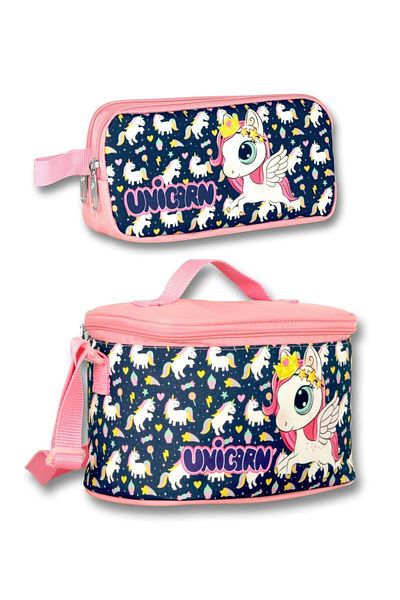 ÜMİT ÇANTA Cennec Unicorn Girl's Feeding and Pen Holder Set - Navy Blue/Pink, Thermal Insulated