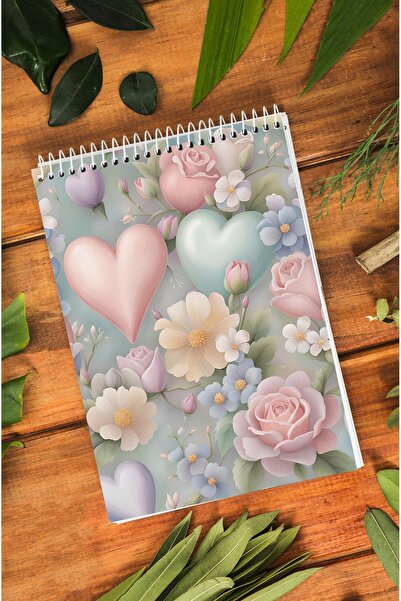 kutuTR 80 Sheets Striped Heart and Rose Patterned Vip Memo Pad - 70gr/m2 Ç-OB05 with Wooden MDF Cover