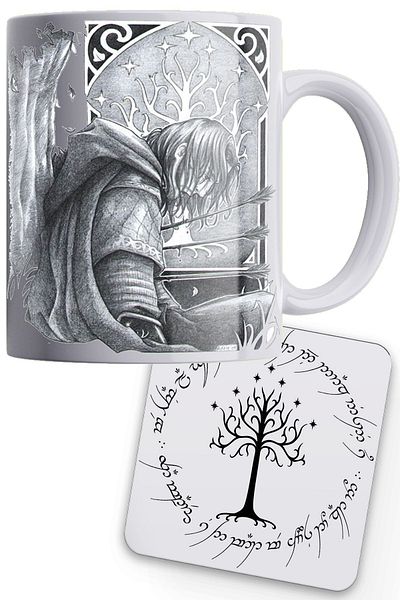 remonz سلسلة طباعة الفحم Lotr Boromir 100% بورسلين أبيض قاعدة أكواب خشبية