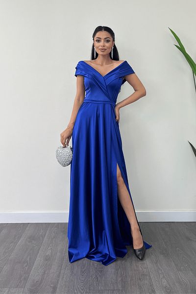 giyimmasalı Satin Fabric Boat Neck Evening Dress - Saks Blue